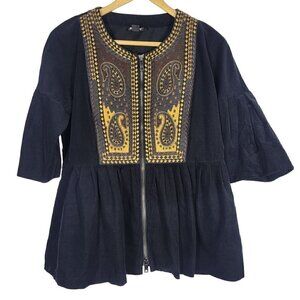 DKNY Donna Karan NY Women's Corduroy Feel Embroidered Paisley Tunic Top Size 8